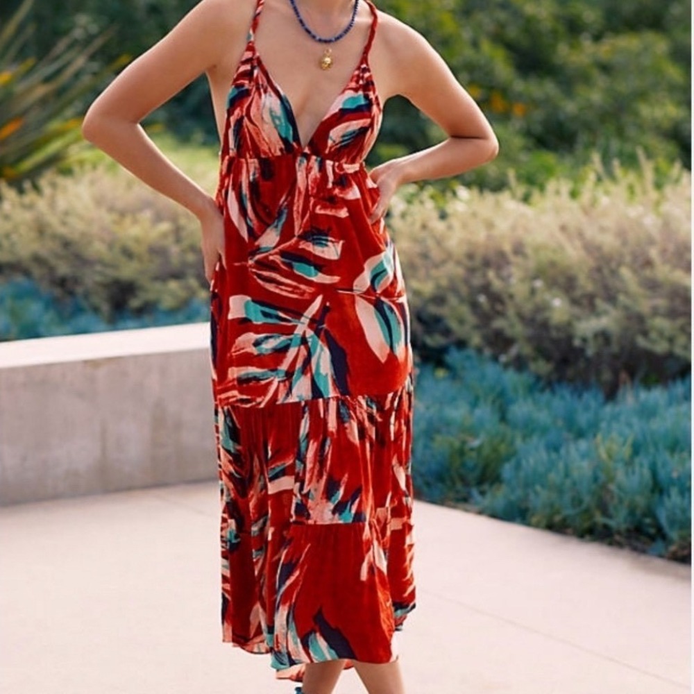 Anthropologie Danika Tiered Midi Dress Red Orange Tropical Open Back NWOT M
